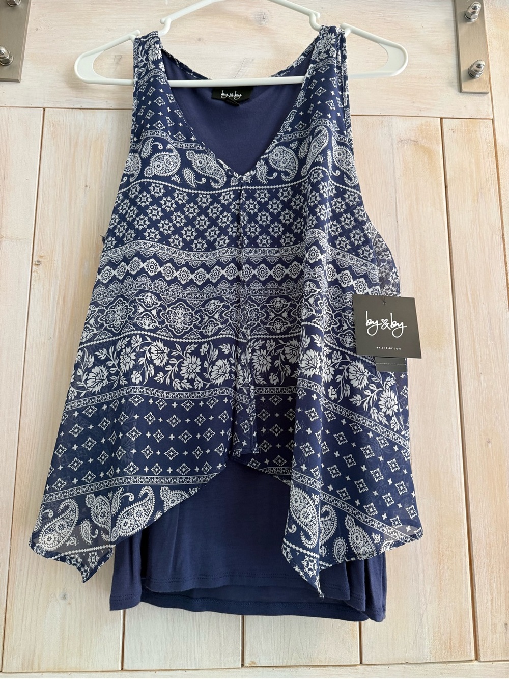 by & by Navy White Printed Layered V-Neck Tank